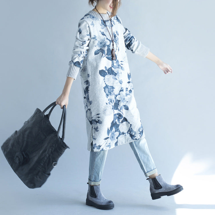 2025年 秋冬 グレー プリント ウール混 ニットワンピース 大きいサイズ フィット感 サイドスリット