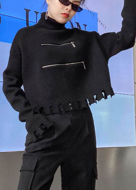 シック ブラック ジッパー付き タッセル付き ファッション 秋 セーター