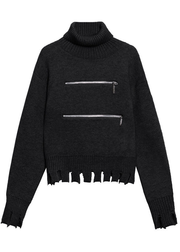 シック ブラック ジッパー付き タッセル付き ファッション 秋 セーター